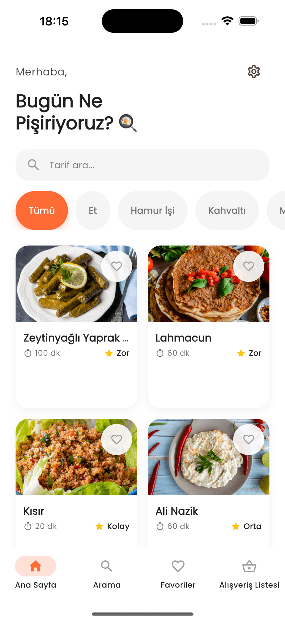 Lezzetio ana ekranı: kategoriler ve tarif kartları