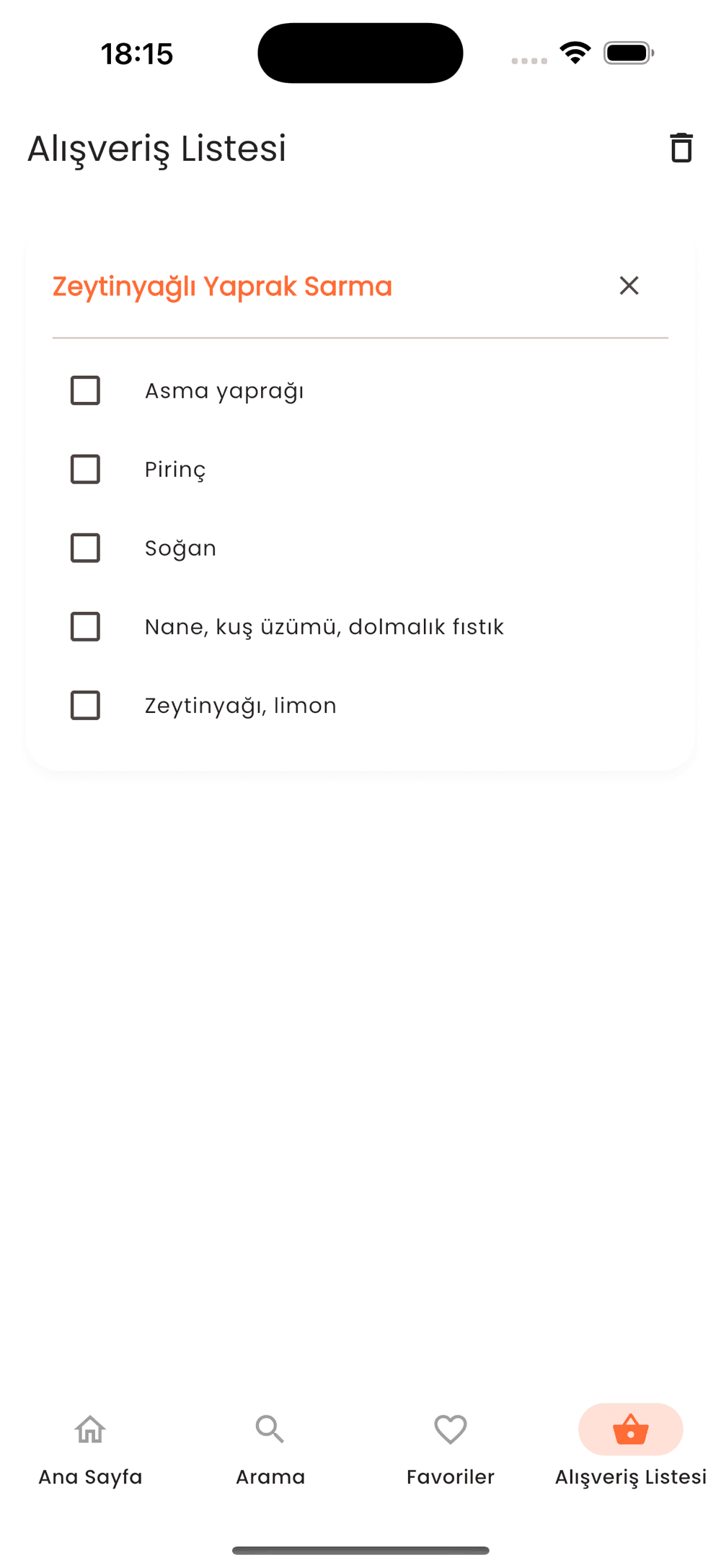 Lezzetio alışveriş listesi: tarif malzemeleri işaretlenebilir liste halinde