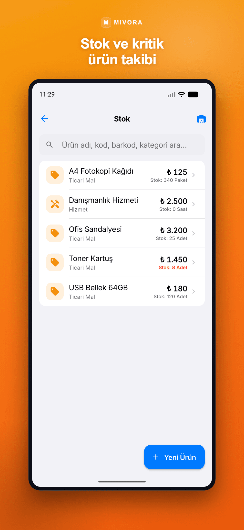 MIVORA stok ve depo yönetimi ekranı